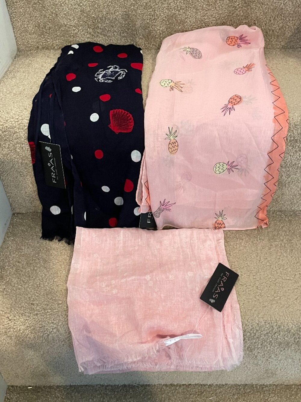 NWT $118 FRAAS 3 Scarves Blue Seashells Crab Pink Pineapple Tea Rose Floral